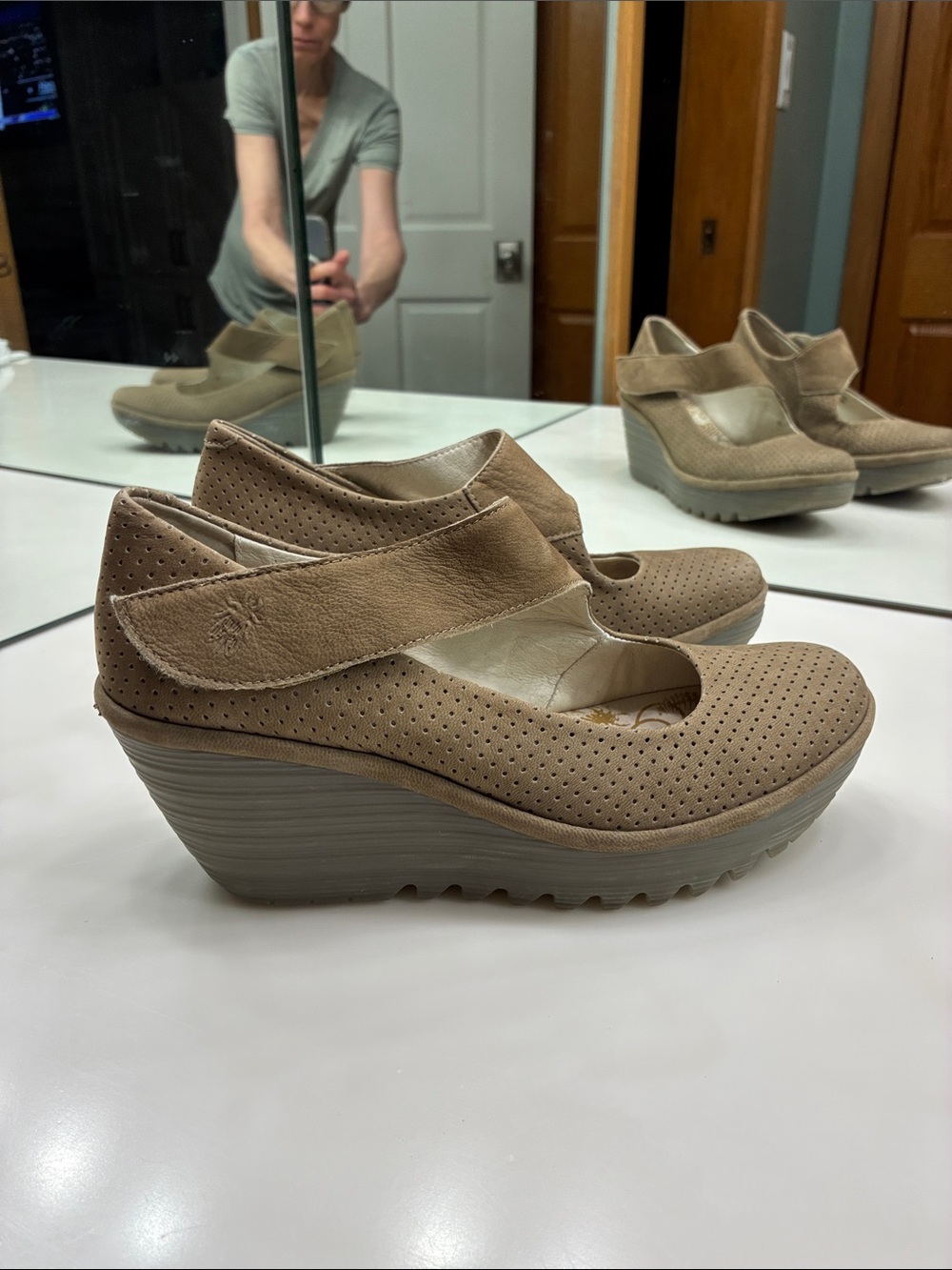 Fly London Perforated Wedge Mary Jane - Taupe Size 40 or US 9-9.5